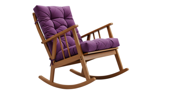 Wooden rocking chair with purple cushion isolated on transparent background