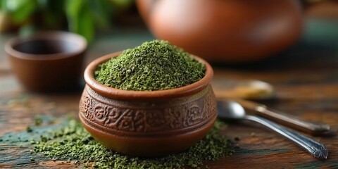 A detailed shot of green tea leaves in a clay bowl with tea set on a wooden table
