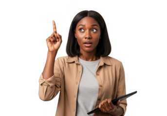 African american woman pointing upward with an idea, holding clipboard, business concept, png image, isolated on transparent background