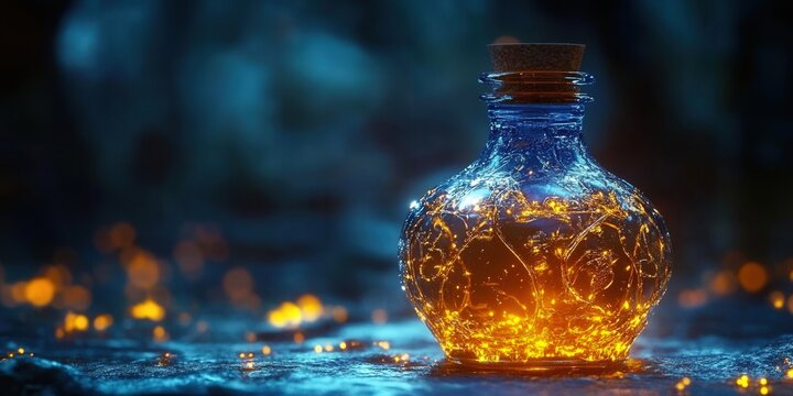 A beautiful potion bottle with a glowing, magical elixir inside, sparkling brightly.