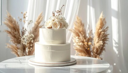 Elegant two-tier white cake adorned with delicate roses and pampas grass creates a stunning centerpiece for any celebration.