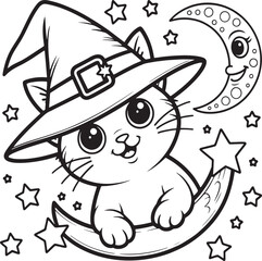Enchanting Feline Friend A Whimsical Halloween Coloring Page Featuring a Cat in a Witch Hat with Moon and Stars
