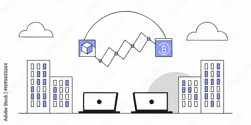Poster abstract illustration depicting data transfer between two laptops, symbolized by lines and simple bu