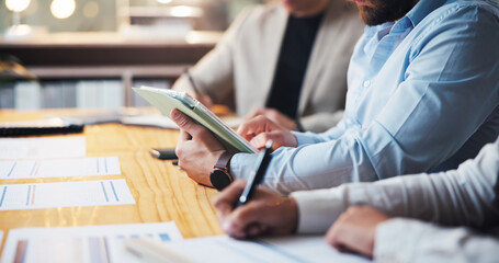 Tablet, planning and meeting with hands of business people in office for team, finance report and...
