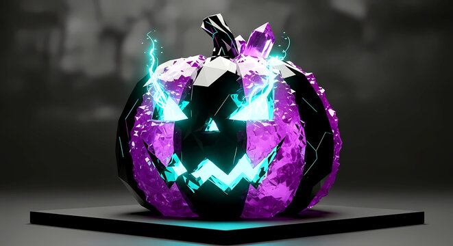 geometric Halloween pumpkin, carved from obsidian and amethyst crystals. Glowing cyan energy pulses from eyes and mouth
