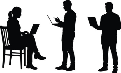 Silhouette of man and woman using laptop, working, sitting, standing, modern business, teamwork, office lifestyle, digital technology, communication