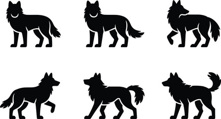 Silhouettes of wolves in standing and walking poses, vector illustration set, black wild animal icons, nature posture design elements