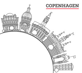 Outline Copenhagen Denmark City Skyline with Historic Buildings Isolated on White. Copenhagen Cityscape with Landmarks and copy space.
