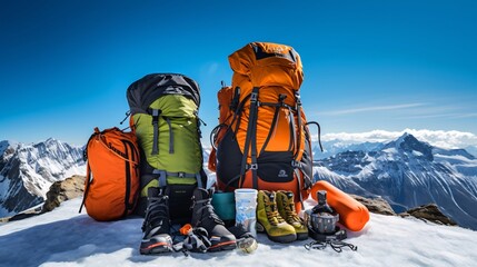 雪山に置かれた登山道具一式