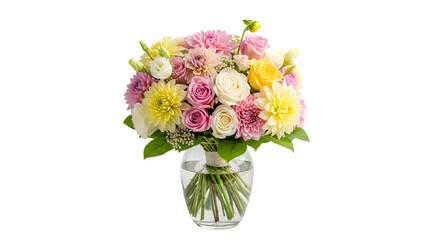 Beautiful bouquet of colorful flowers in a glass vase isolated on transparent background