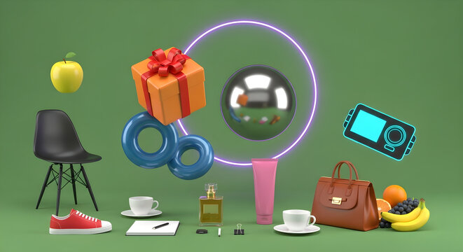 Assorted Objects on Green Background with Neon Circle | Playful Composition for Online Retail, Product Presentation, E-Commerce and Lifestyle
