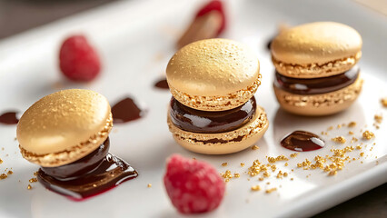 Experience a luxurious dessert spread featuring gold-dusted macarons, rich dark chocolate fondant with molten center, and delicate raspberry coulis, designed to delight the most refined palates


