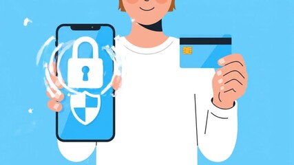 A clean vector illustration shows a person holding a smartphone with security icons and a credit card, emphasizing safe online transactions and digital privacy.