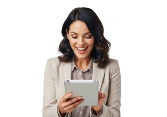Smiling businesswoman holding tablet looking down happy brunette professional isolated on transparent background