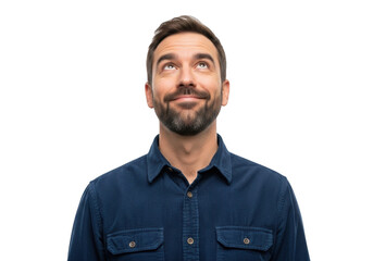 Thoughtful man looking upward with beard and blue shirt portrait isolated on transparent background