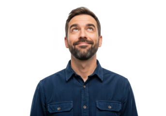 Thoughtful man looking upward with beard and blue shirt portrait isolated on transparent background