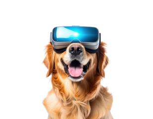 A golden retriever wearing virtual reality goggles, exuding joy and curiosity.