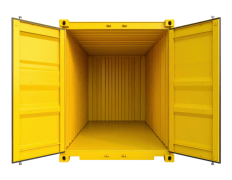 A vibrant yellow shipping container with wide-open doors, showcasing its spacious interior designed for storage and transport.