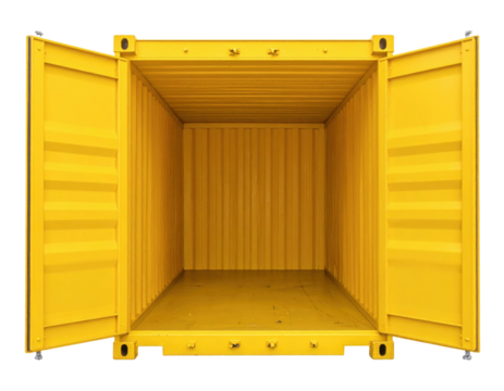 An empty yellow shipping container with wide-open doors, showcasing its interior space and distinctive striped pattern.