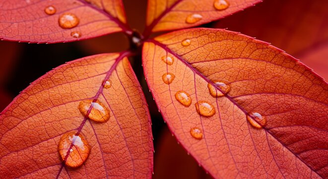 Red Leaves with Water Droplets Close Up - Autumn Foliage Macro