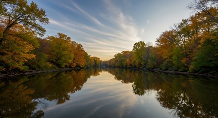 Fototapeta premium Autumn River Landscape with Fall Foliage Reflection and Blue Sky