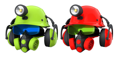 Protective helmets with mounted LED headlamps, respirators and earmuffs on white background with clipping path, safety equipment