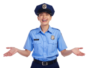 A smiling police officer in a blue uniform, confidently gesturing with open hands.