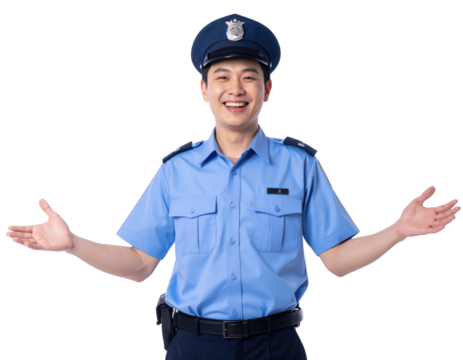 A smiling police officer in a blue uniform, with his arms open wide, exuding friendliness and approachability.