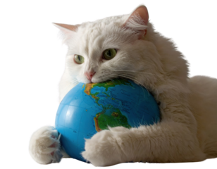 A fluffy white cat rests its head on a globe, showcasing a playful interaction between the animal and the world.