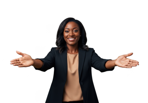 Smiling african american businesswoman welcoming with open arms, professional woman gesturing, isolated on transparent background