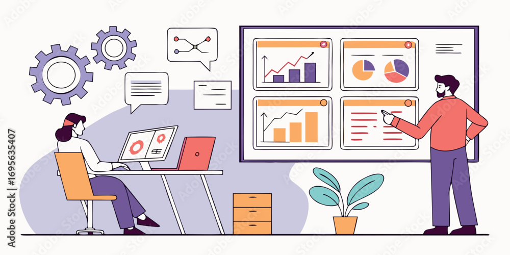 Fototapete illustration of a collaborative work scene. two people analyze data using charts and graphs on a lar