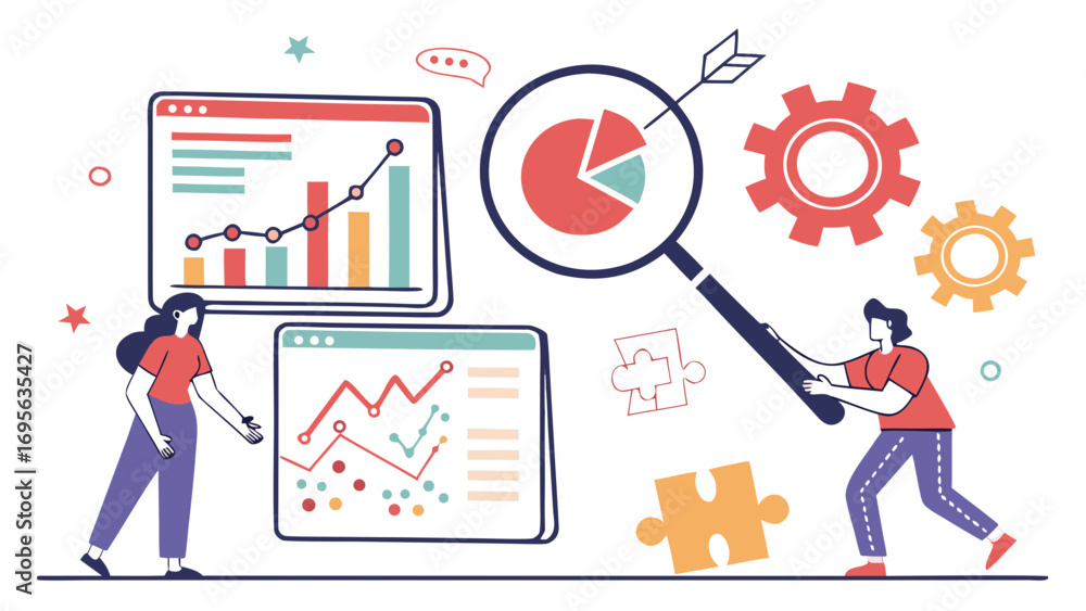 Aufkleber illustration of two people collaborating on data analysis, examining charts and graphs with magnifyi