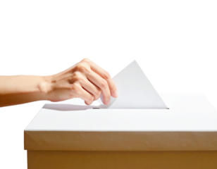 A hand places a ballot into a white voting box, symbolizing civic engagement and democratic participation.