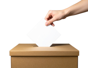 A hand placing a ballot into a cardboard box, symbolizing voting and civic engagement.
