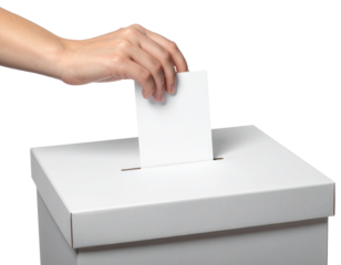 A hand placing a blank ballot into a white voting box, symbolizing participation in elections and civic engagement.