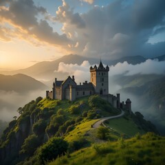 Obraz premium Majestic castle perched atop a verdant hill under a dramatic sky at sunset