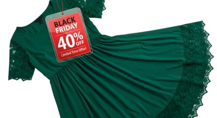 Green dress with lace sleeves and a black friday sale tag isolated on transparent background