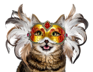 A playful cat wearing a vibrant, ornate masquerade mask adorned with feathers and jewels, showcasing a whimsical and festive appearance.