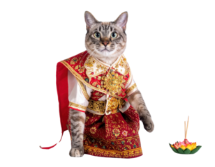 A cat dressed in traditional attire, featuring intricate patterns and vibrant colors, poses elegantly beside a decorative lotus flower.