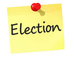 A yellow sticky note with the word "Election" written in bold, black letters, pinned with a red thumbtack.