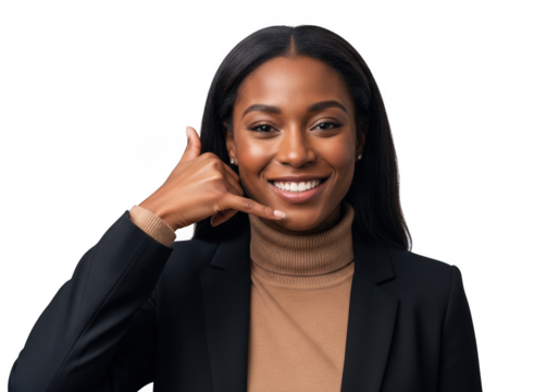 Smiling african american businesswoman making call me gesture png image stock photo isolated on transparent background - Powered by Adobe