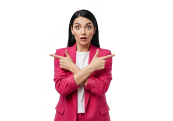 Confused woman in pink suit pointing in opposite directions with surprised expression stock photo, isolated on transparent background