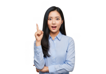 Excited asian woman pointing upward with an idea, business presentation, attention gesture, isolated on transparent background