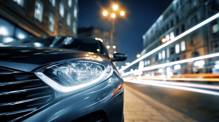 Fototapeta premium Modern Urban Night Car Close-Up with Headlight Detail Premium Automotive Concept for Millennial Mobility Marketing and Digital Advertising Campaigns