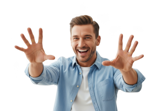 Excited man smiling and reaching out with open hands, portrait on transparent background, cheerful expression, isolated on transparent background