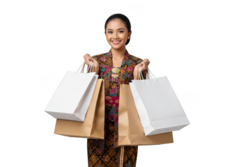 Smiling asian woman in traditional dress holding shopping bags fashionable style isolated on transparent background