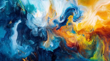 Abstract Fluid Painting: Vibrant Blues, Oranges, and Swirling Hues