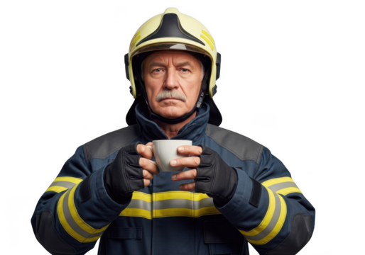 Firefighter holding coffee cup wearing helmet and gloves portrait png image stock photo isolated on transparent background
