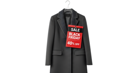 Elegant gray coat on hanger with black friday sale tag isolated on transparent background