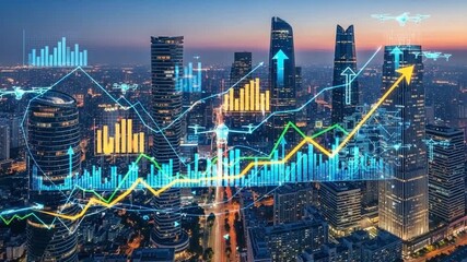 Financial Data Skyline: A vibrant cityscape is overlaid with dynamic financial data, showcasing the interplay of urban growth and economic trends. - Powered by Adobe